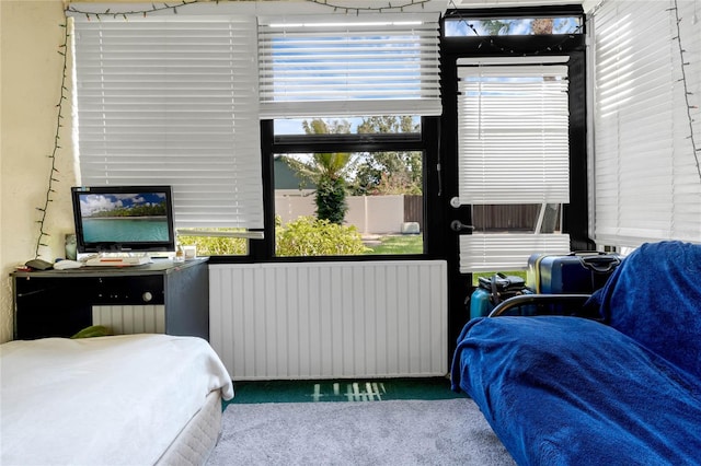 bedroom featuring radiator heating unit and light carpet