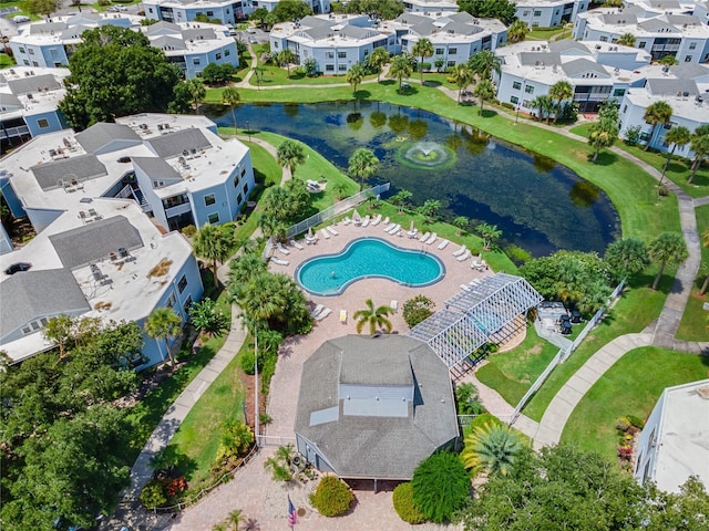 drone / aerial view with a water view