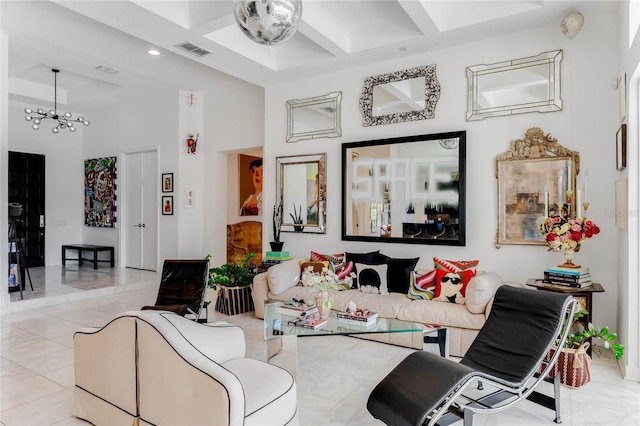 living room featuring a chandelier, light tile patterned flooring, coffered ceiling, and beamed ceiling