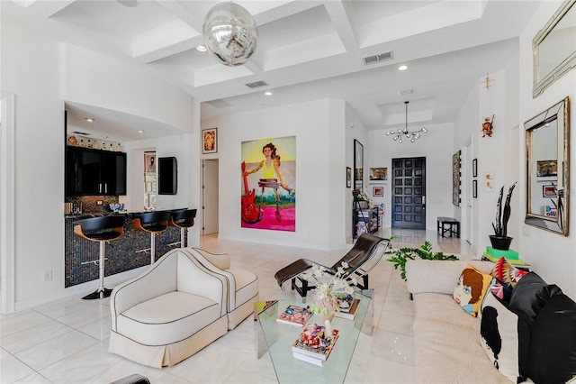 living room with light tile patterned flooring, beam ceiling, a chandelier, and coffered ceiling