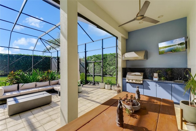 interior space featuring grilling area, glass enclosure, ceiling fan, an outdoor living space, and area for grilling