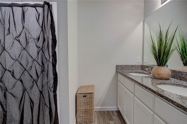 bathroom with wood-type flooring and vanity