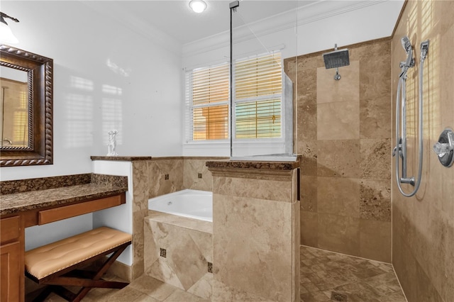 bathroom with crown molding and separate shower and tub