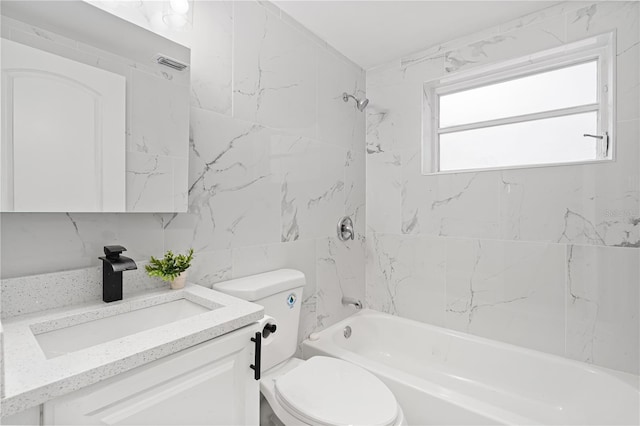 full bathroom with decorative backsplash,  shower combination, toilet, and vanity