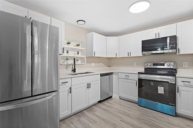 kitchen with sink, stainless steel appliances, white cabinets, and light wood-type flooring