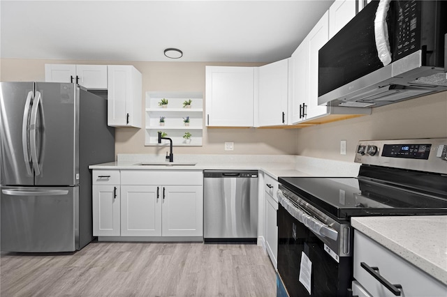 kitchen with appliances with stainless steel finishes, light hardwood / wood-style floors, sink, and white cabinets