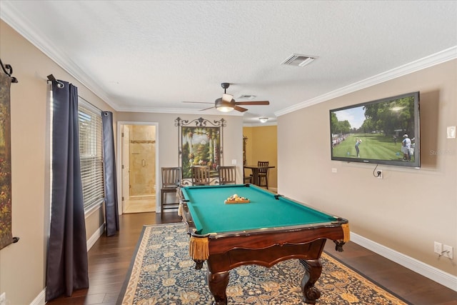 playroom with ceiling fan, billiards, dark hardwood / wood-style floors, and crown molding