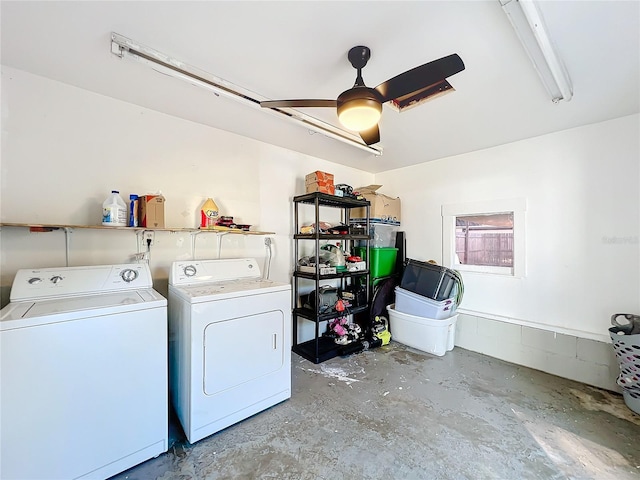 washroom with separate washer and dryer and ceiling fan