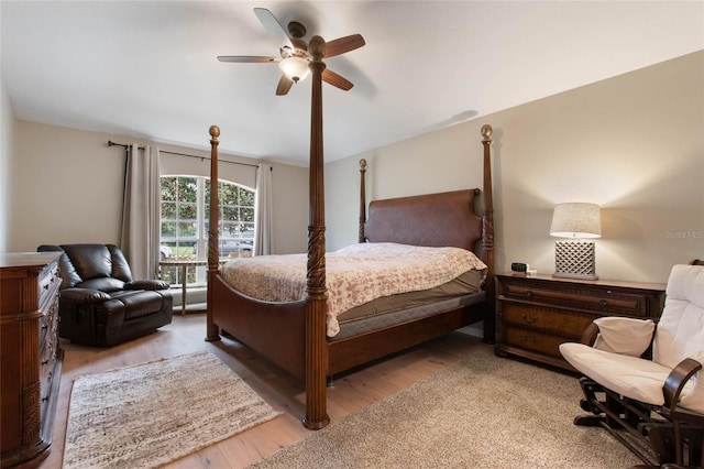 bedroom featuring ceiling fan and light hardwood / wood-style flooring