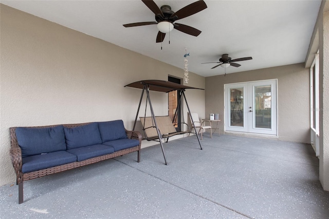 exterior space with ceiling fan, an outdoor hangout area, and french doors