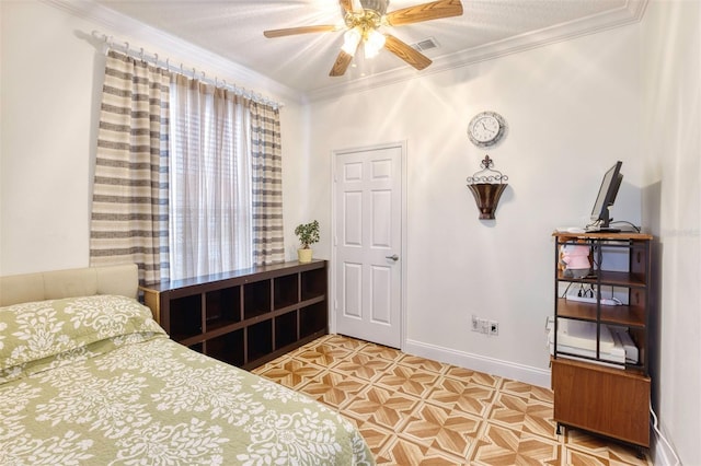 bedroom with ceiling fan, ornamental molding, and a textured ceiling