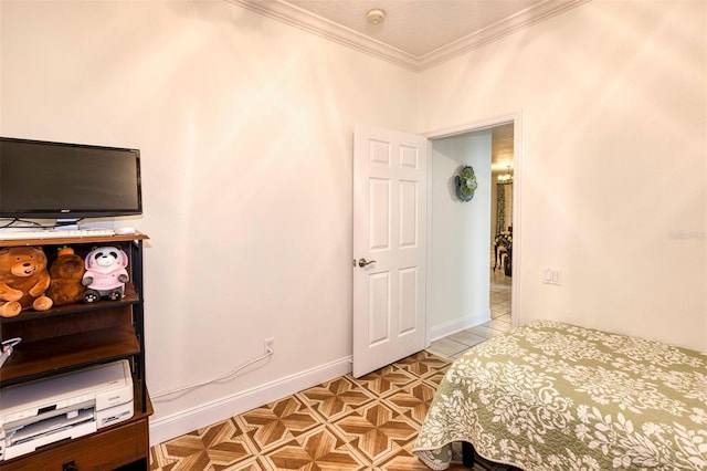 bedroom featuring light tile patterned flooring and crown molding