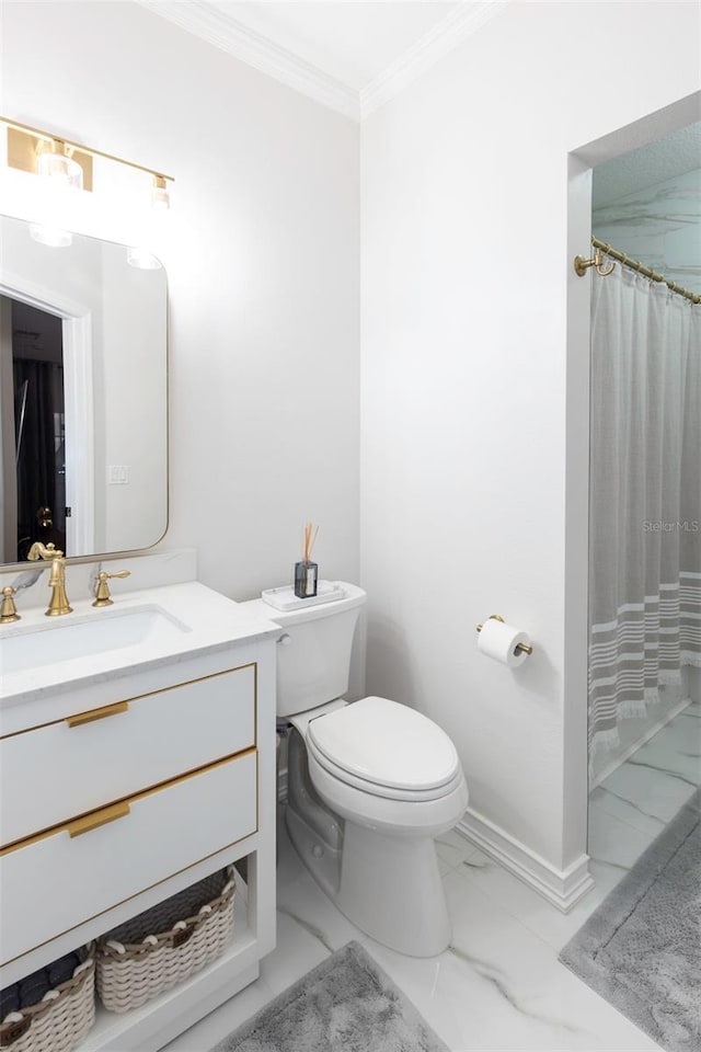 bathroom with toilet, ornamental molding, walk in shower, and vanity