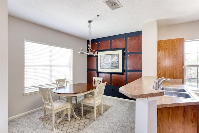 dining space with light carpet, a wealth of natural light, and sink
