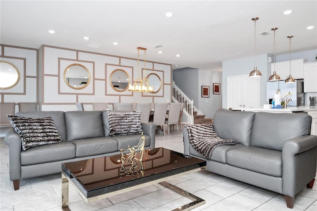 living room with a chandelier