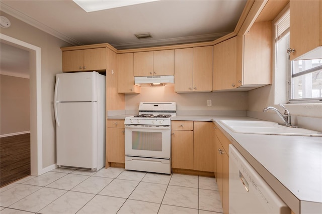 kitchen featuring ornamental molding, sink, light brown cabinetry, and white appliances