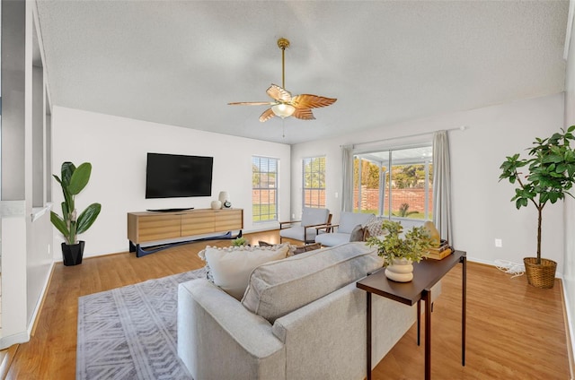 living room featuring ceiling fan and wood-type flooring