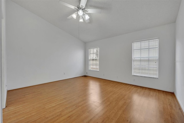 empty room with vaulted ceiling, a wealth of natural light, and light hardwood / wood-style flooring