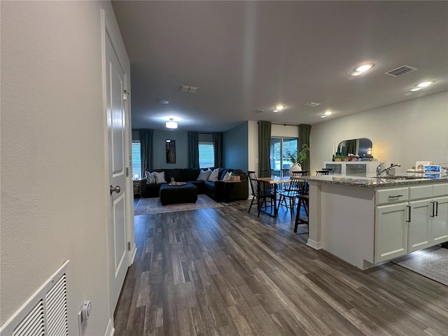 kitchen with light stone counters, white cabinetry, dark hardwood / wood-style floors, and a center island with sink