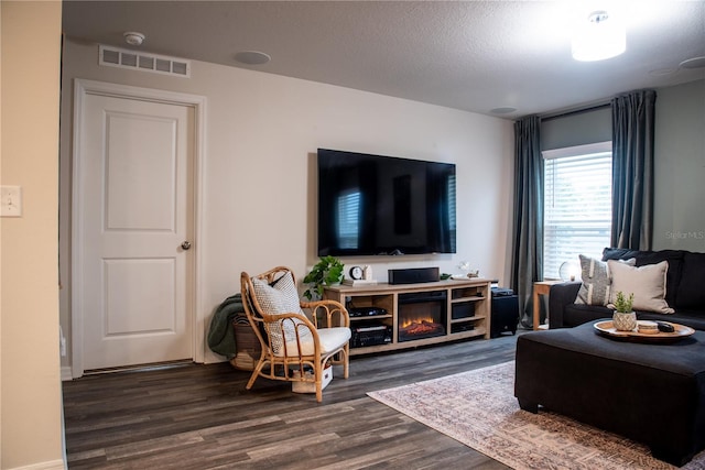 living room featuring dark wood-type flooring