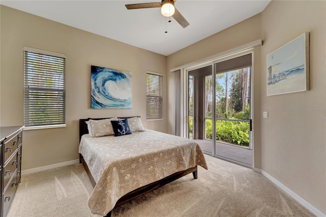 bedroom with ceiling fan, light colored carpet, and access to outside