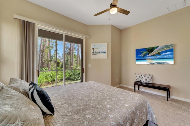 bedroom with access to outside, ceiling fan, and carpet flooring