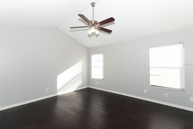 unfurnished room featuring vaulted ceiling, ceiling fan, and wood-type flooring