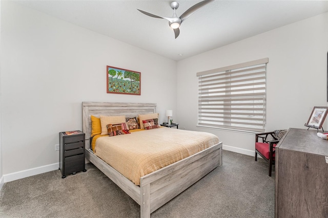 bedroom with ceiling fan and light carpet