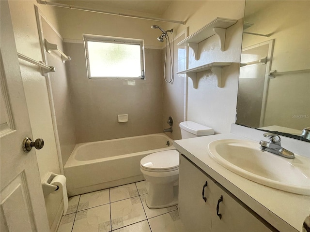 full bathroom with tiled shower / bath, tile patterned floors, vanity, and toilet