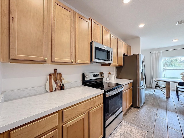 kitchen with light brown cabinetry and appliances with stainless steel finishes