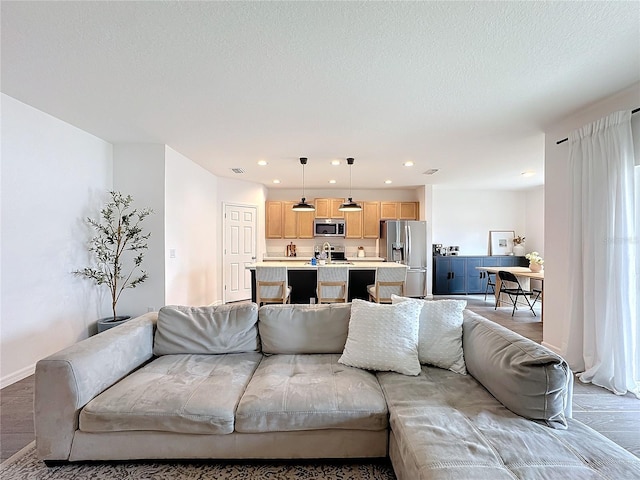 living room featuring a textured ceiling