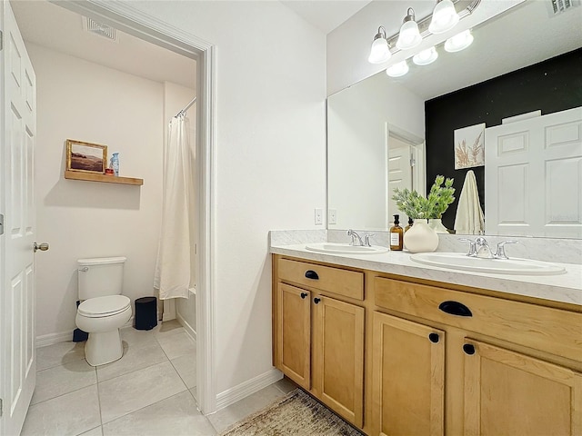 full bathroom with toilet, vanity, tile patterned floors, and shower / bath combination with curtain