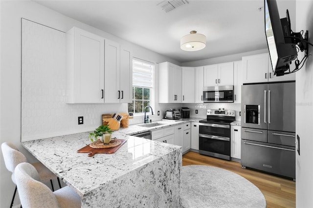 kitchen featuring kitchen peninsula, sink, white cabinetry, and appliances with stainless steel finishes