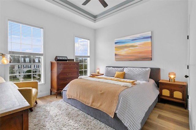 bedroom with ceiling fan, a tray ceiling, light hardwood / wood-style flooring, and crown molding