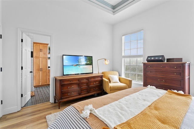 bedroom with light hardwood / wood-style floors, ornamental molding, and a raised ceiling