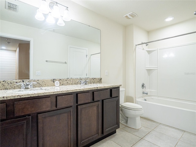 full bathroom featuring shower / bathtub combination, tile patterned floors, vanity, and toilet