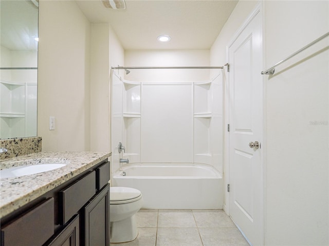 full bathroom featuring vanity, toilet, shower / bath combination, and tile patterned floors