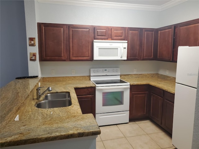 kitchen with light tile patterned floors, kitchen peninsula, white appliances, ornamental molding, and sink