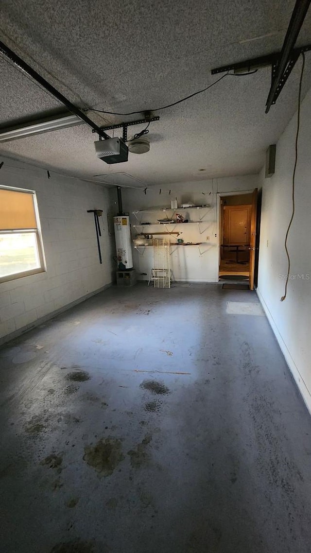 garage featuring a garage door opener and water heater