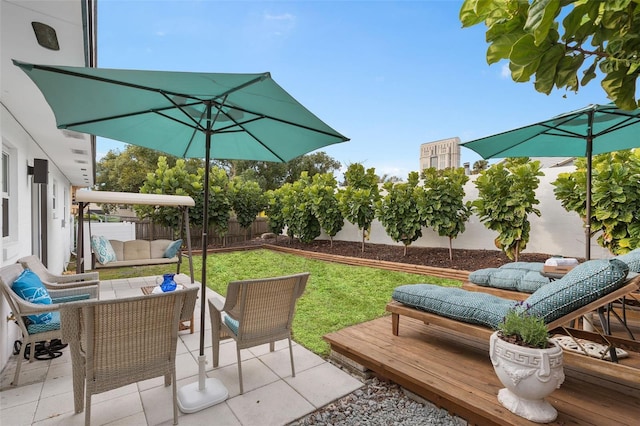 view of patio with a fenced backyard and an outdoor living space