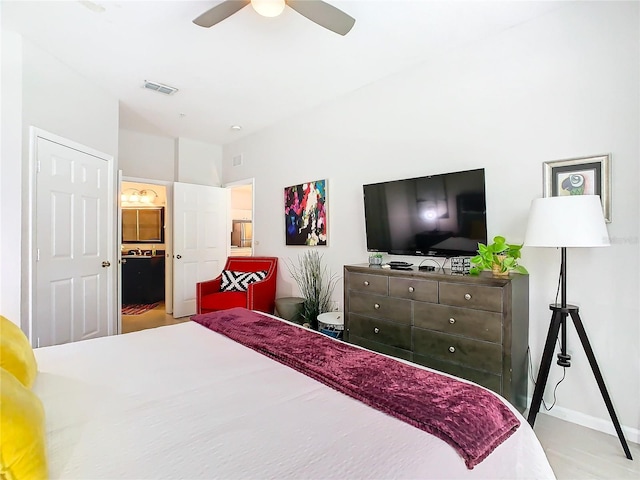 bedroom featuring ceiling fan and ensuite bath