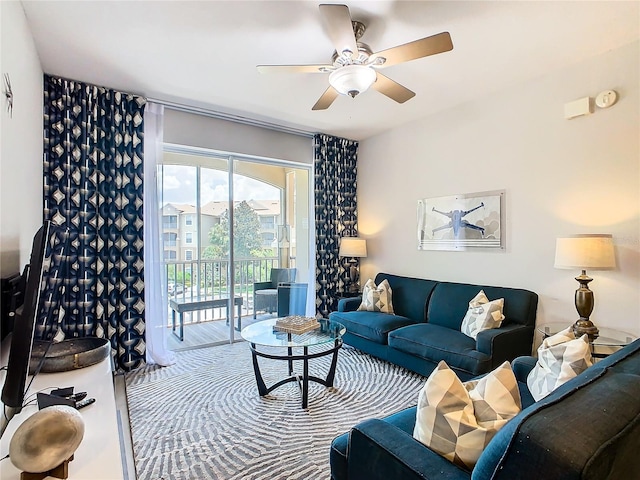 living room with ceiling fan