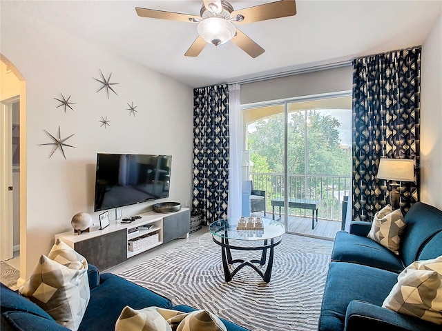 living room with ceiling fan