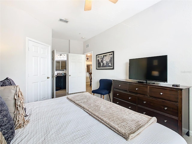 bedroom featuring ceiling fan and ensuite bathroom