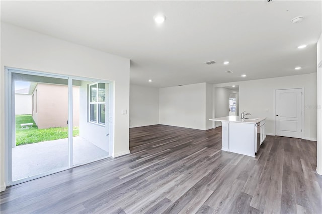 unfurnished living room with sink and hardwood / wood-style floors