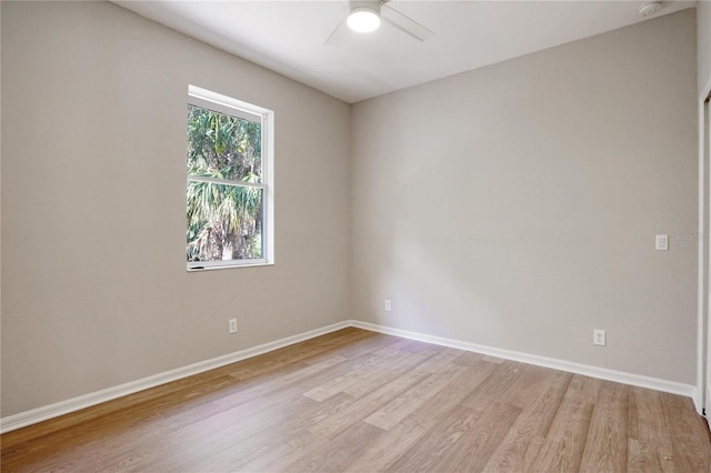 empty room with ceiling fan and light hardwood / wood-style flooring