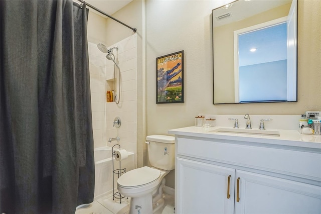 full bathroom with vanity, tile patterned floors, shower / bath combination with curtain, and toilet