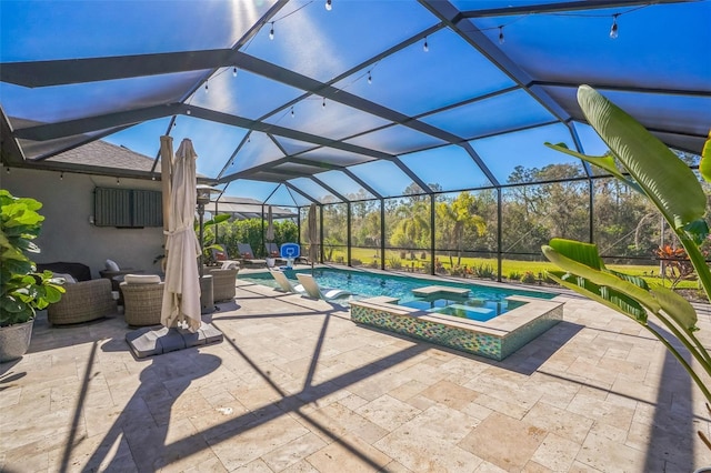 view of pool featuring a patio area, an in ground hot tub, outdoor lounge area, and glass enclosure