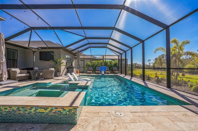 view of pool with an outdoor living space, an in ground hot tub, a lanai, and a patio