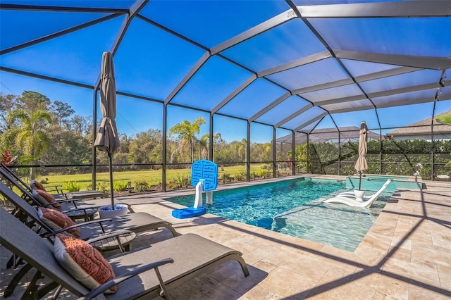 view of swimming pool with a lanai and a patio